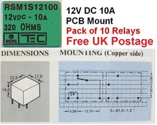 RELAY 12V 10A,PCB MOUNT,C/O,NON LATCH,RSM1S12100, Pk10.  FREE UK POSTAGE