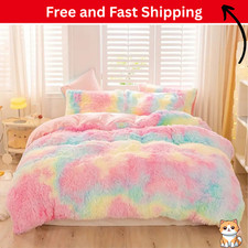 3PCS Tie-Dye Ombre Duvet Cover Set – Fluffy Long Hair Bedding Black Grey Pink