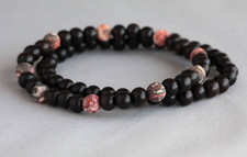 SET OF X2 TIGER EBONY WOOD & LEOPARD SKIN JASPER 6MM BRACELETS  ~ 7" (18CM)