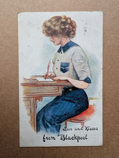 OLD POSTCARD ARTIST WOMAN QUILL PEN LETTER  BLACKPOOL 1910S PS 230