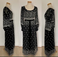 Vintage 60s Maxi Prairie Dress Black Silk Georgette White Embroidery Unworn