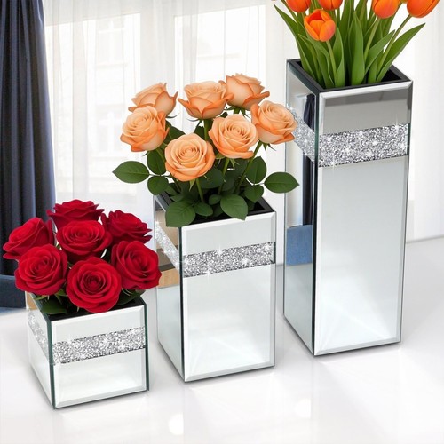 Crushed diamond mirrored vase - mirrored,