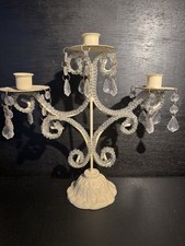 Cream Metal 3 Arm Candelabra with Crystals Candle Holder - Shabby Chic Style