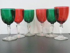 6x Victorian Bristol Green & Cranberry Red Small Wine or Port/Sherry Glasses