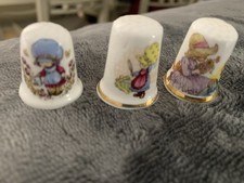 3x China Thimbles  Girl With Bonnet Similar To Holly Hobbie