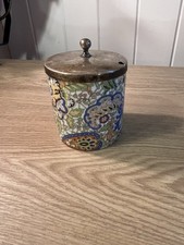 vintage J Kent, Fenton Pottery condiment jar with a silver-plated lid