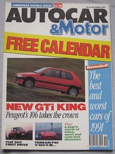 Autocar 18-25/12/1991 featuring Ferrrai F40, Rover Metro GTi, Peugeot, Citroen