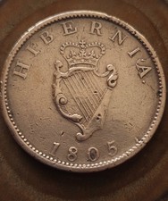 Extremely Rare 1805 Irish George III Hibernia Half-penny Coin Fine Grade