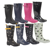 LADIES GIRLS WIDE CALF FITTING FASHION WELLINGTON BOOTS BLACK NAVY