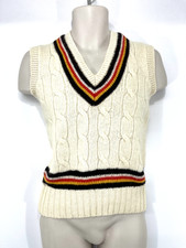 ROCHFORD Vintage Chunky Knit Pure WOOL Mens Cream Cricket V-Neck Jumper size S