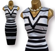 Karen Millen Dress UK 12 Silver and Black Striped Silky Wiggle Pencil Occasion 