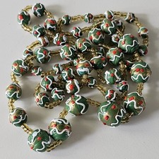 Long Single Strand Green Venetian Wedding Cake Glass Bead Vintage  Necklace 86cm