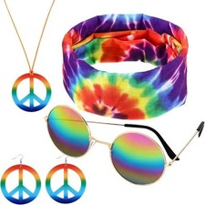 4pcs 60s 70s Hippie Outfits Costume Earring Necklace Sunglasses Tie Dye Headband