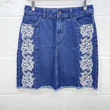 NAVY VINTAGE DENIM MINI SKIRT FLORAL EMBROIDERY BLUE RAW HEM DISTRESSED UK 8