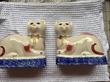 Pair of Vintage china Cats, Gold Bow. Stamped Staffordshire on base.  