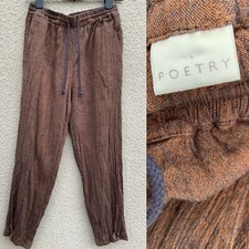 POETRY WRAP DESIGNER LINEN CRINKLE BRONZE FIG BROWN BLUE TAPERED TROUSERS 12 14 