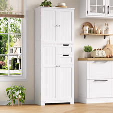 Kitchen Storage Cabinet Tall 4 Door 2 Drawer Large Cupboard White Finish MDF