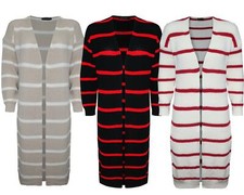 Ladies Women Long Sleeve Open Front Knitted Striped Boyfriend Cardigan Sweater