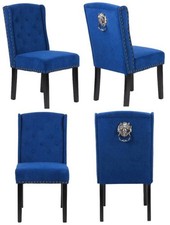 4 x Blue Velvet Dining Chairs , Button Detail, Stud Detail Lion head knocker,