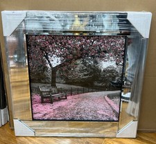 3D PINK BLOSSOM TREE SCENE LIQUID ART WALL ART HANGING FRAME CHROME LOOK 55x55cm