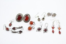 Sterling Silver Gemstone Earrings Carnelian Garnet Quartz x 8 (26g)