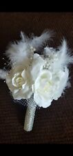     Wedding Flower Bouquet, Vintage     pearls, roses  and feathers