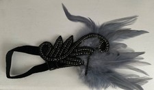 1920s Headband Great Gatsby Flapper Headpiece black with grey feathers