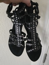 Primark Leather Black Embossed Silver Studded effect Gladiator Sandles Size UK 6