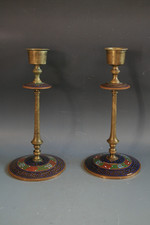 ANTIQUE 19th CENTURY BRASS ENAMEL CANDLESTICKS