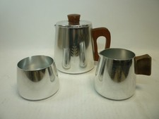 Vintage Sona Three Piece Stainless Steel Tea Set Wooden Handles 1970s English