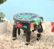 Indian Handmade Wooden Elephant Shape Black Multi Decor Side Table Statue Table
