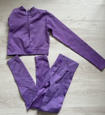 Bo And Tee Two Piece Purple Set Quarter Zip Crop Top Long Sleeve And Leggings