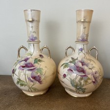 Antique Victorian Pair Of Royal Worcester Style Blush Vases with Anemones, 27cm