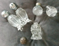 5 Old Round Bulb Odd Distressed Clear Cut Glass Vase Vintage Salt & Pepper Pots
