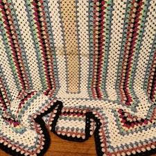 Vintage Granny White Pink Blue Knitted Crochet Blanket Throw - mark