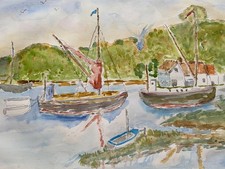 WATERCOLOUR PIN MILL BOATS + VIEWS from SEACROFT  SOUTHWOLD  Helen Brookes