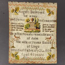 Antique Remembrance Needlework Sympathy Sampler 1854 Anne Bacon wife of James