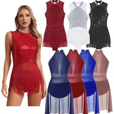 Womens Latin Jazz Dance Sequin Tassel Rumba Dance Costume Fringed Leotard Dress 