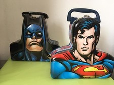 Two vintage DC Comics Embossed Head Metal Lunch Boxes Superman & Batman