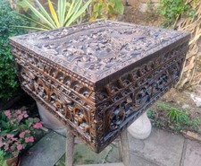Lrg Antique Chinese Dragon Box heavily Carved Drop Front with 2 Trays Solid Teak