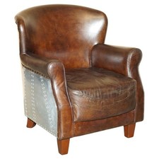 LUXURY TIMOTHY OULTON HAND DYED BROWN LEATHER METAL RIVETED AVIATOR ARMCHAIR