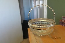 BEAUTIFUL LARGE GLASS FRUIT BOWL WITH WHITE METAL CARRY BASKET - LOOK