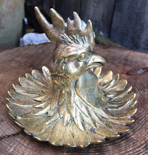 Antique French brass cockerel inkwell glass liner chicken pen rest tray 5"wide