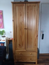 Large White Solid Pine 2 Door wardrobe 2 Storage Drawers Shelves Closet