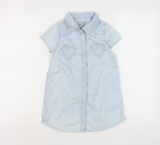 Next Girls Blue Shirt Dress 4-5 Years Cotton Short Sleeve