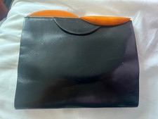 1920s 1930s VINTAGE ART DECO BLACK LEATHER ORANGE BAKELITE CLUTCH BAG HANDBAG