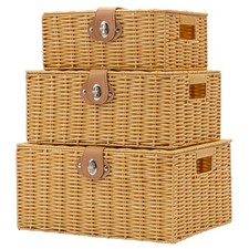 Wicker Storage Baskets with Lids, Set of 3 Decorative Storage Boxes For Organ...