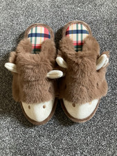 Ladies NEXT Highland Cow fluffy Mules size 5-6 tartan sole