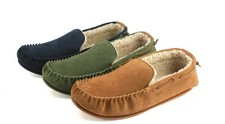Mens Genuine Suede Moccasin Slippers Berber Fleece Lining Hard Sole Leather Lace