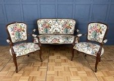 Vintage French Carved * Window Seat Sofa & 2 Matching Armchairs In Floral Fabric